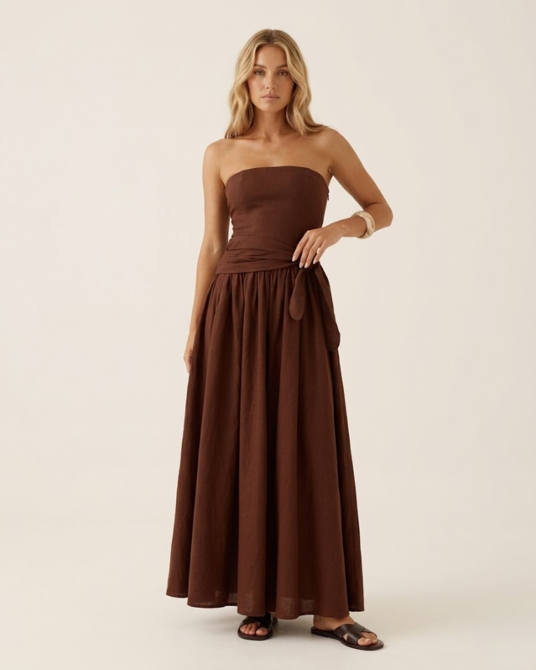 Strapless Side Tie Ruched Maxi Dress Chocolate – Unnamed Label