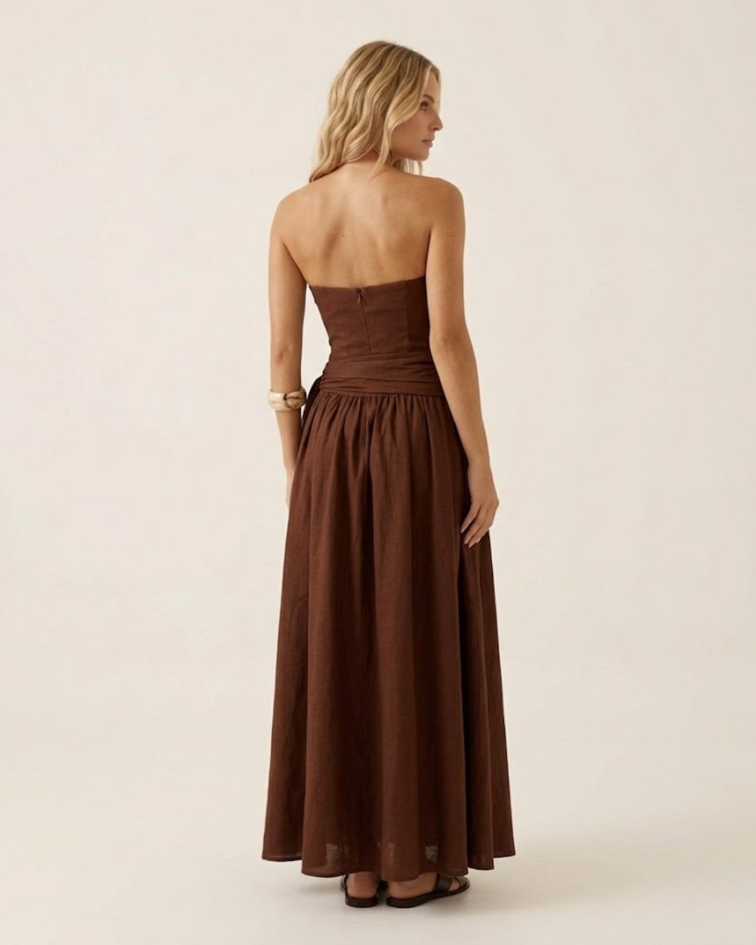 Strapless Side Tie Ruched Maxi Dress Chocolate