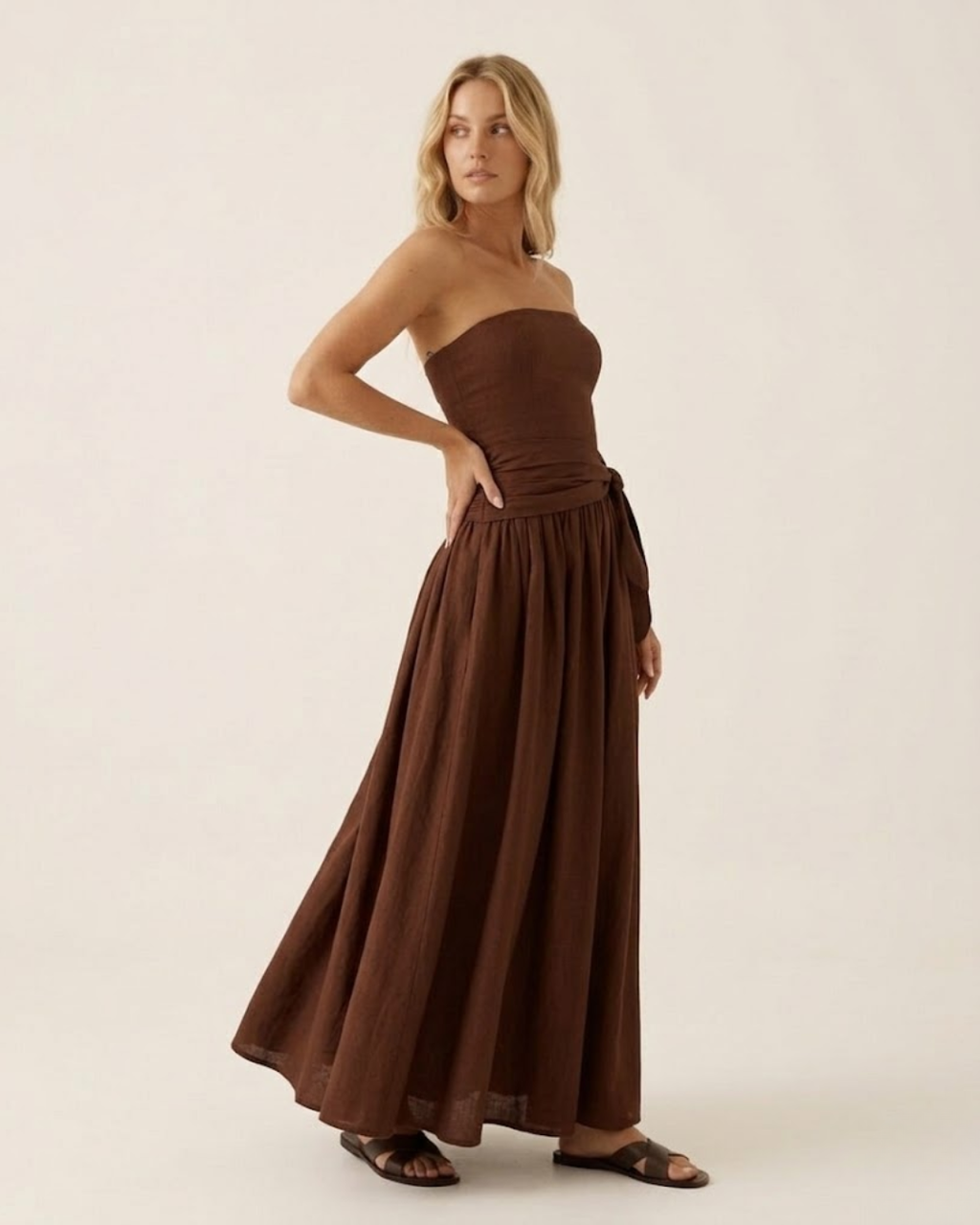 Strapless Side Tie Ruched Maxi Dress Chocolate