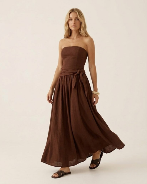 Strapless Side Tie Ruched Maxi Dress Chocolate