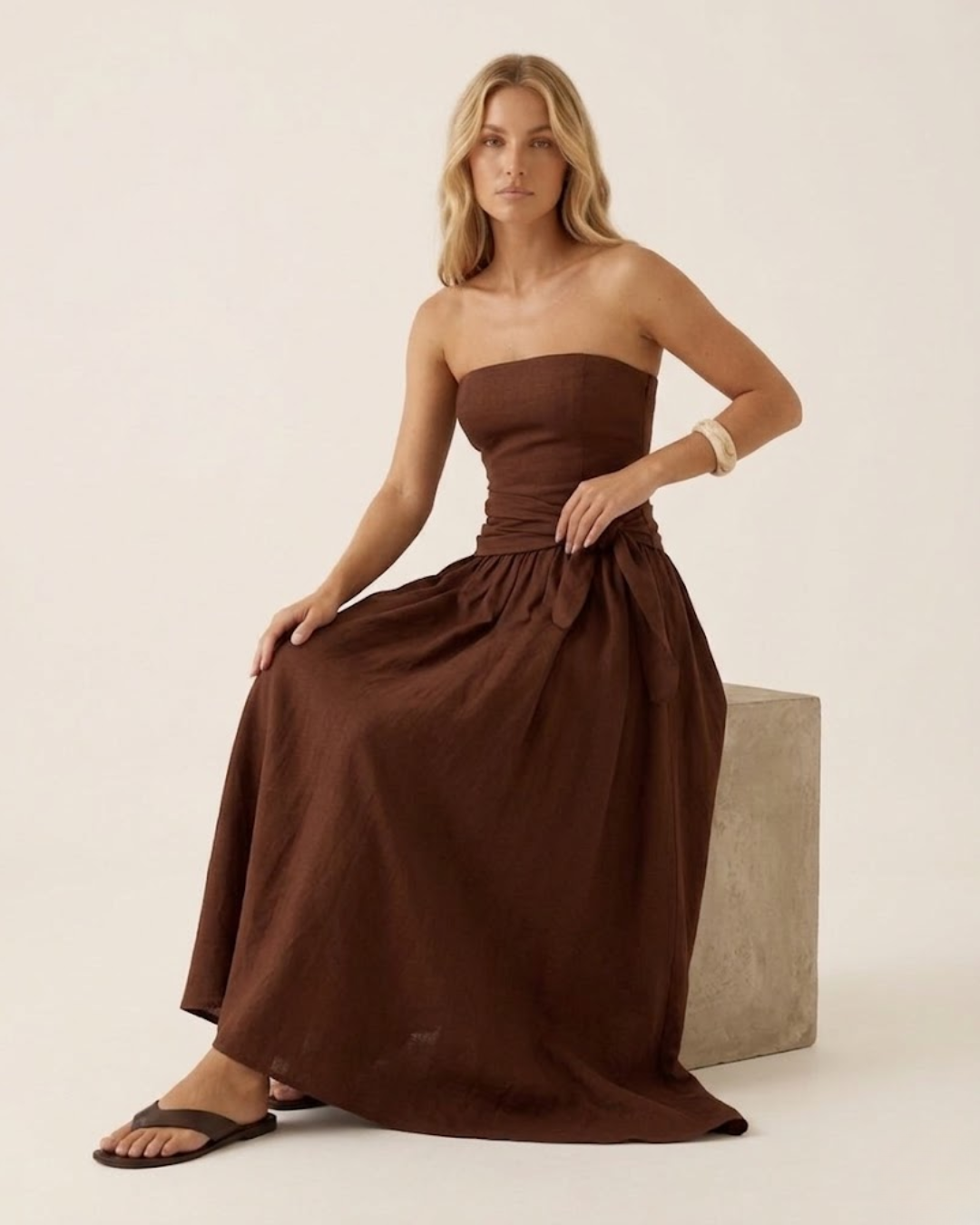 Strapless Side Tie Ruched Maxi Dress Chocolate