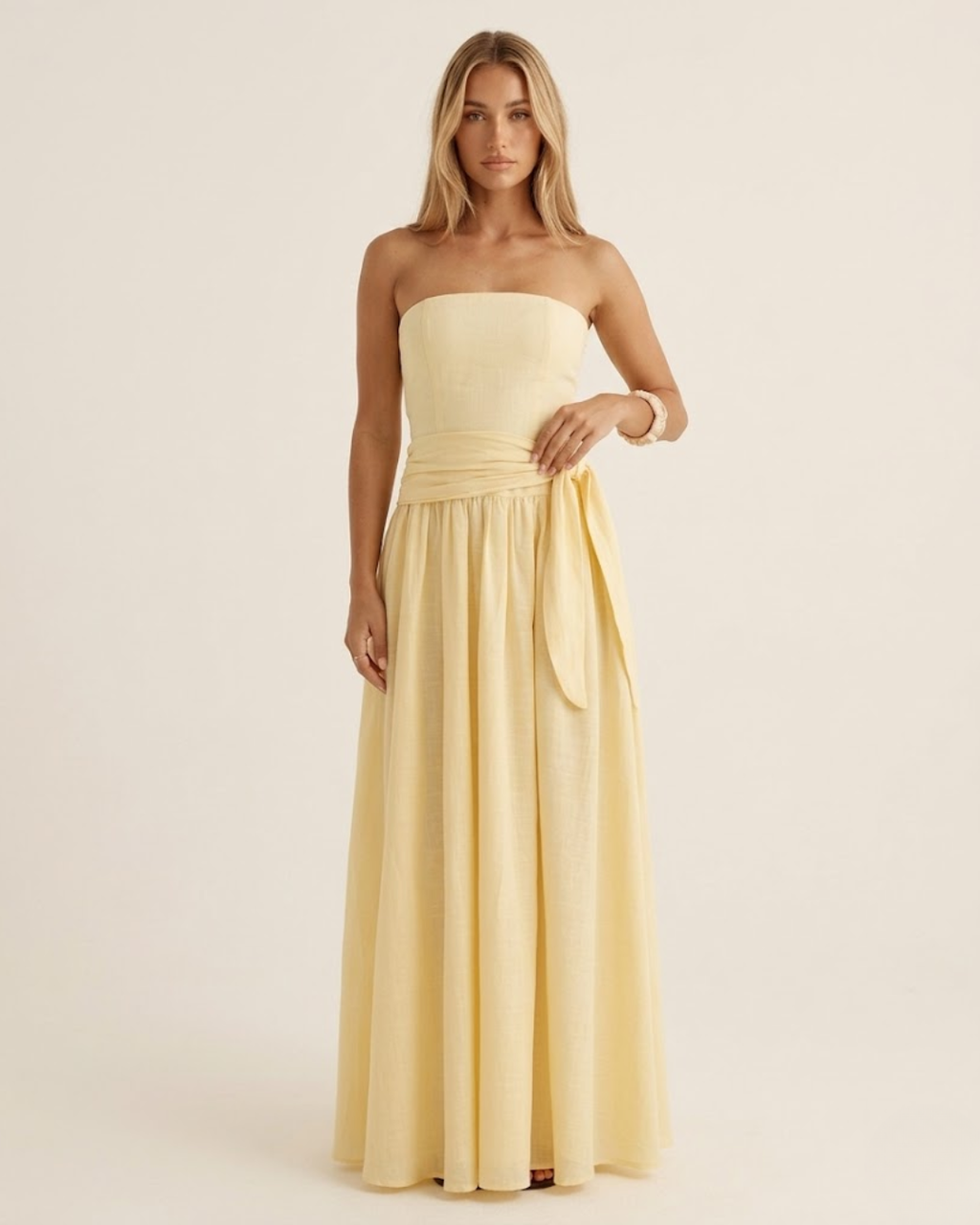 Strapless Side Tie Ruched Maxi Dress Yellow