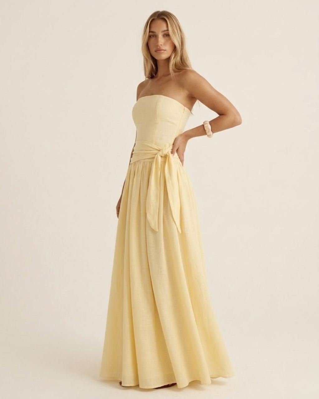 Strapless Side Tie Ruched Maxi Dress Yellow