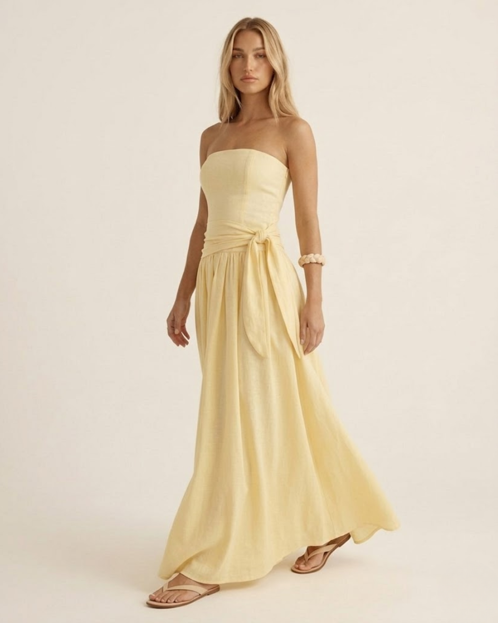 Strapless Side Tie Ruched Maxi Dress Yellow