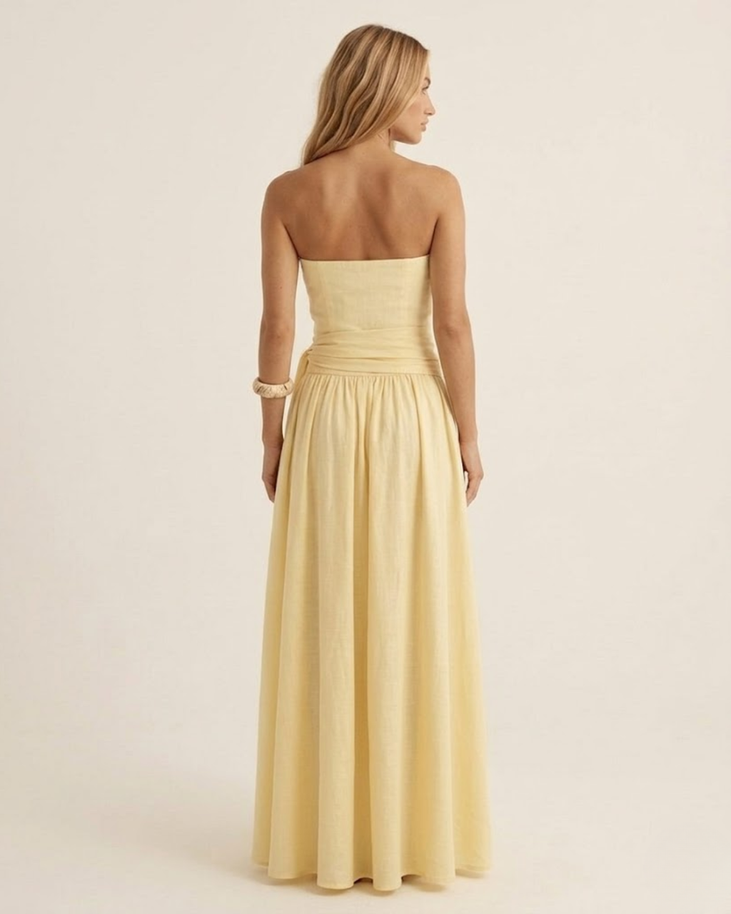 Strapless Side Tie Ruched Maxi Dress Yellow