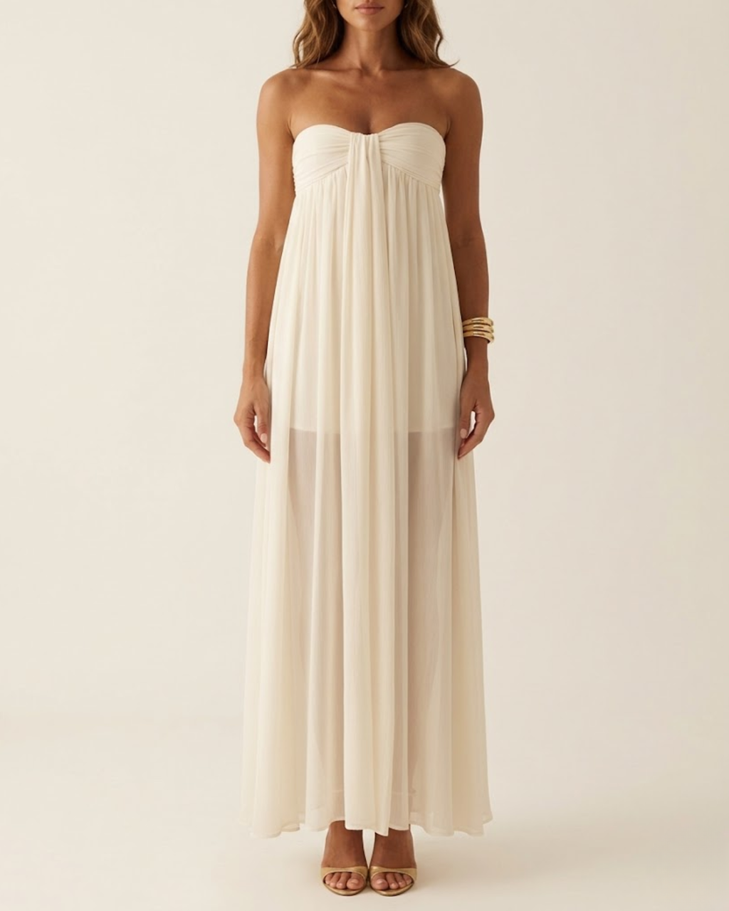Strapless Ruched Sash Maxi Dress Off White