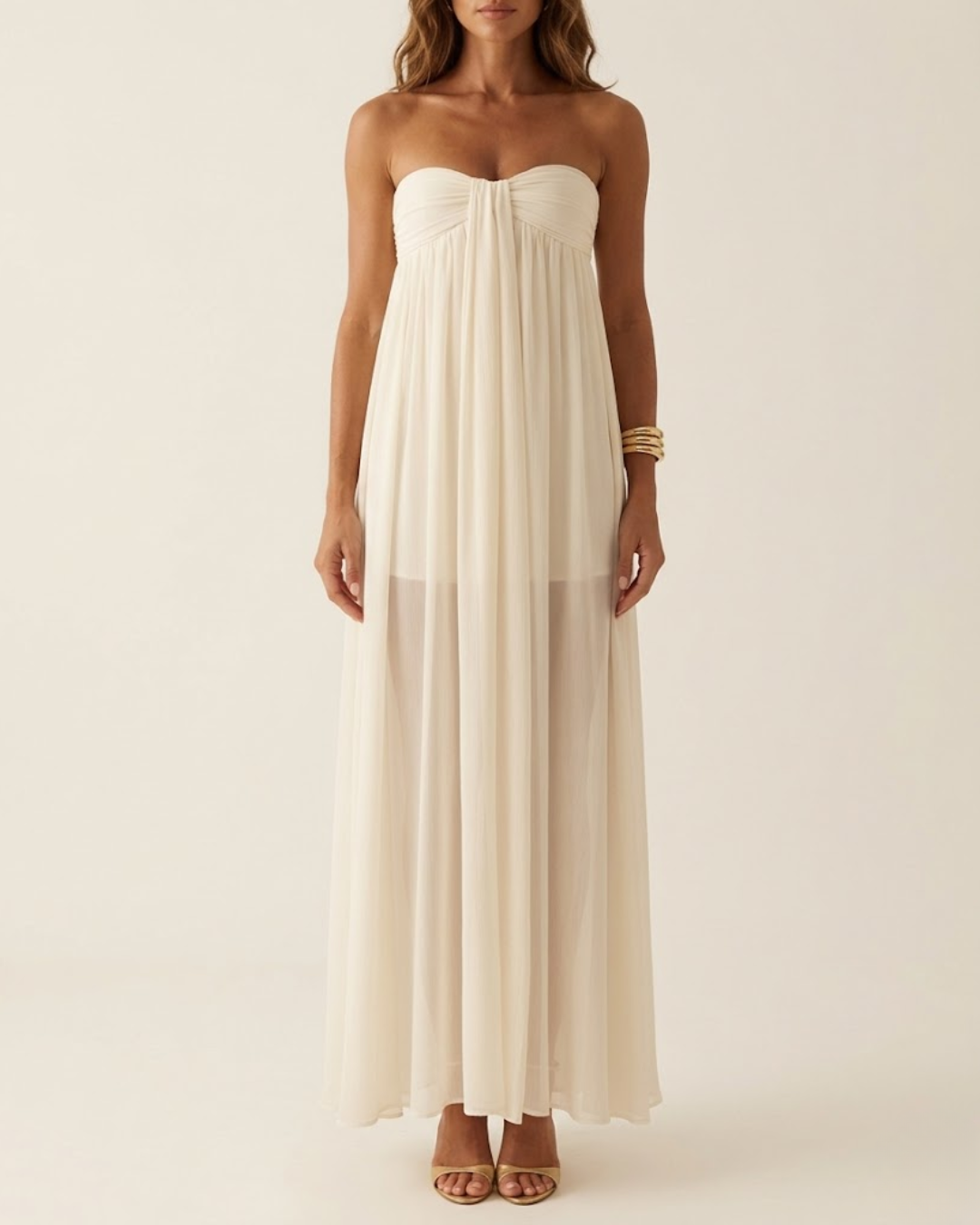 Strapless Ruched Sash Maxi Dress Off White