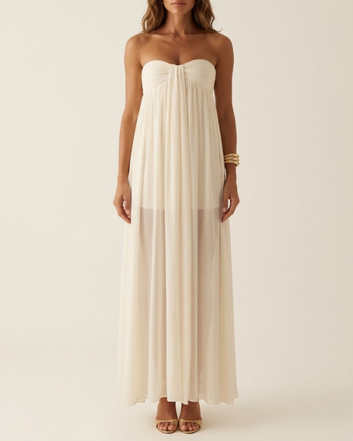 Strapless Ruched Sash Maxi Dress Off White