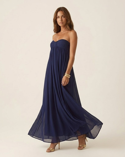Strapless Ruched Sash Maxi Dress Navy