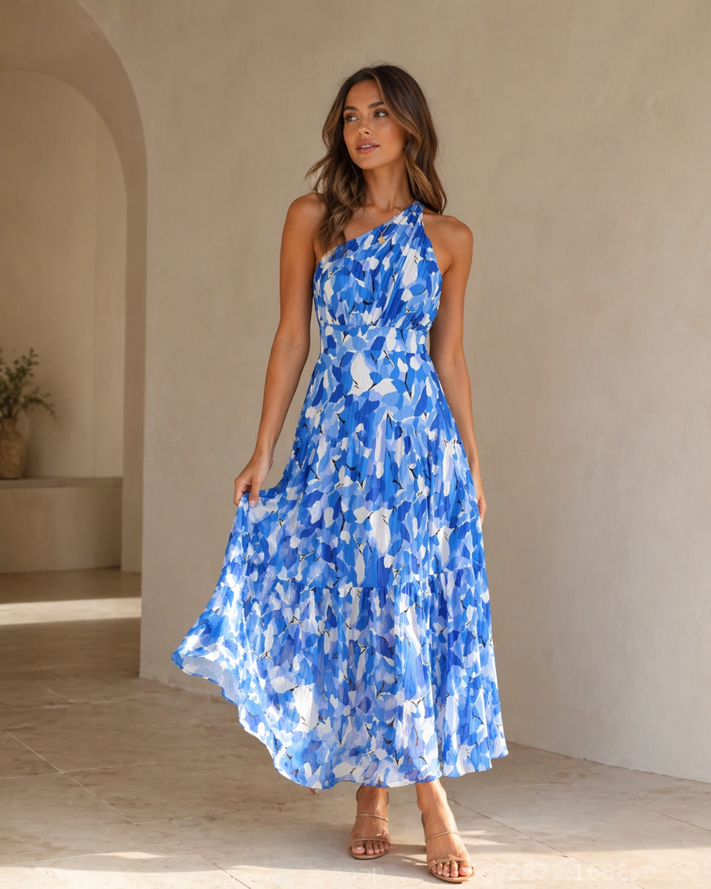 Blue One Shoulder Floral Maxi Dress