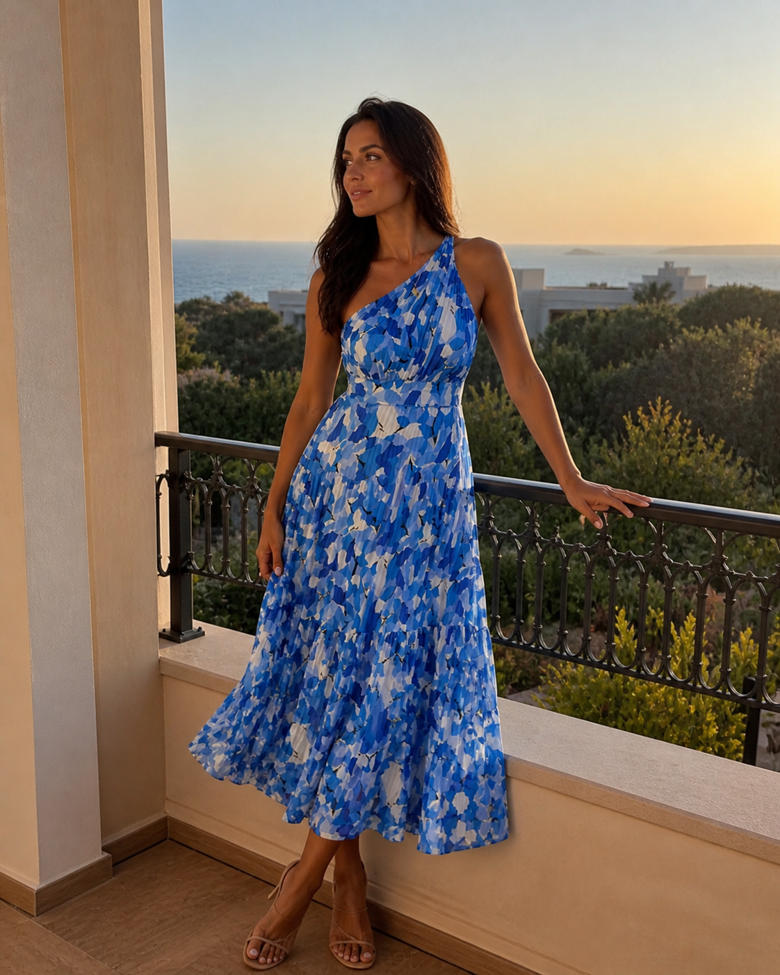 Blue One Shoulder Floral Maxi Dress