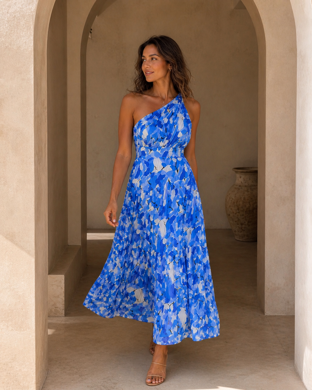 Blue One Shoulder Floral Maxi Dress