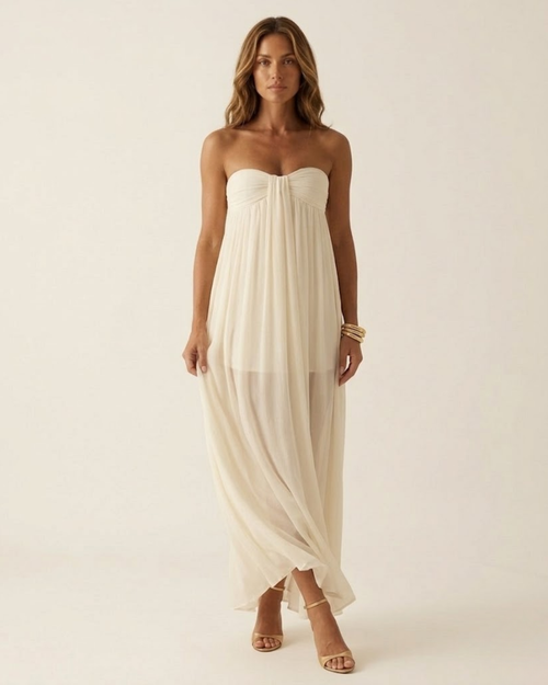 Strapless Ruched Sash Ivory Maxi Dress