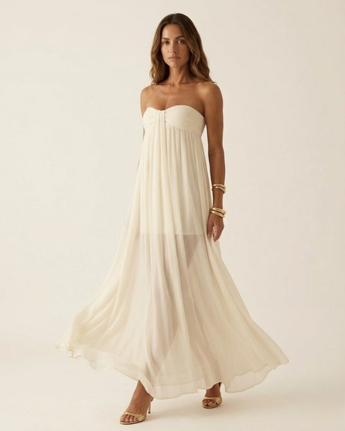 Strapless Ruched Sash Ivory Maxi Dress