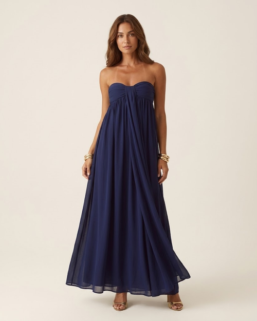 Strapless Ruched Sash Navy Maxi Dress