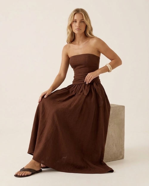 Strapless Side Tie Ruched Maxi Dress Choco